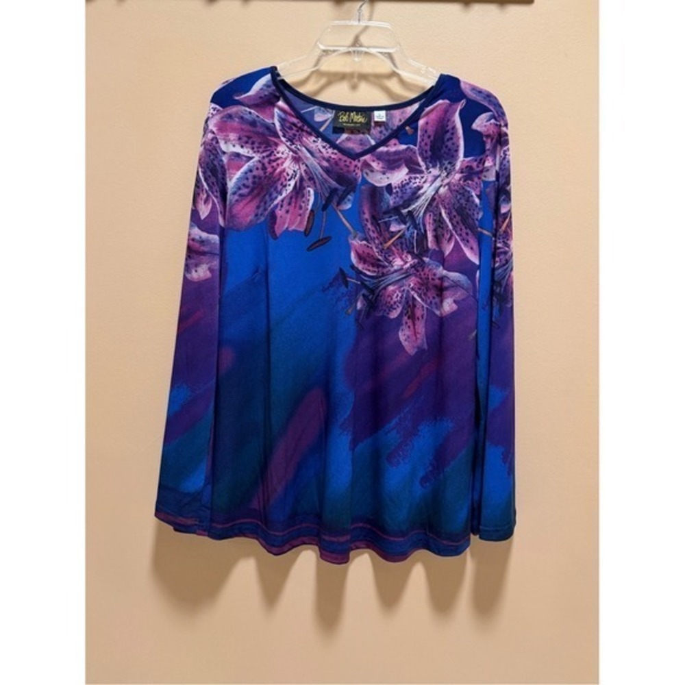 Bob Mackie Wearable Art Floral Long Sleeve Blouse Blue Purple Jersey Knit Lg - Picture 6 of 15